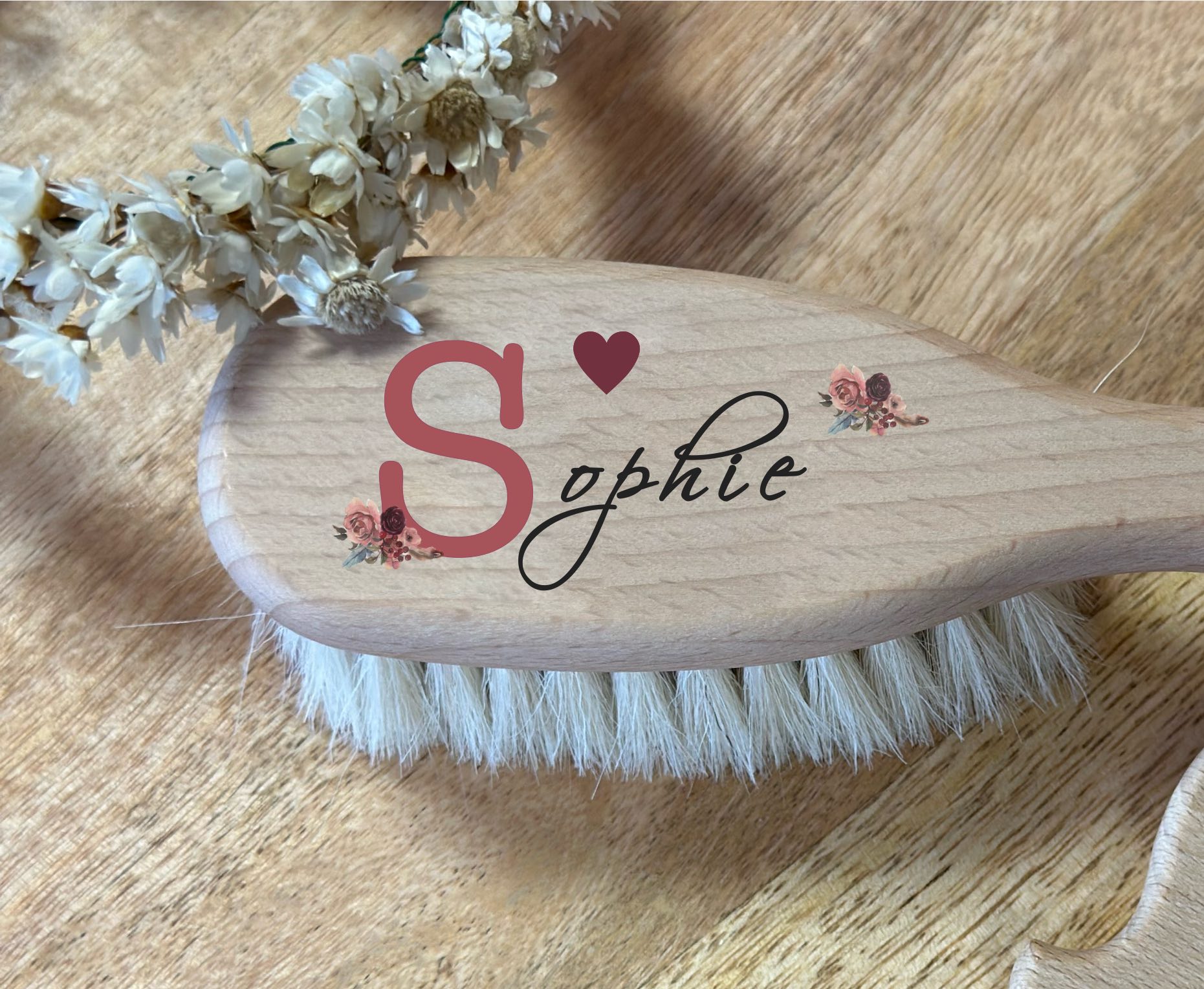 Haarbürste Babybürste Holz mit Anfangsbuchstaben und personalisiert mit Namen 