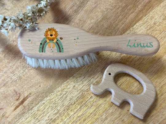 Haarbürste Babybürste Holz Löwe in mint und personalisiert mit Namen (Motiv 360 mint)