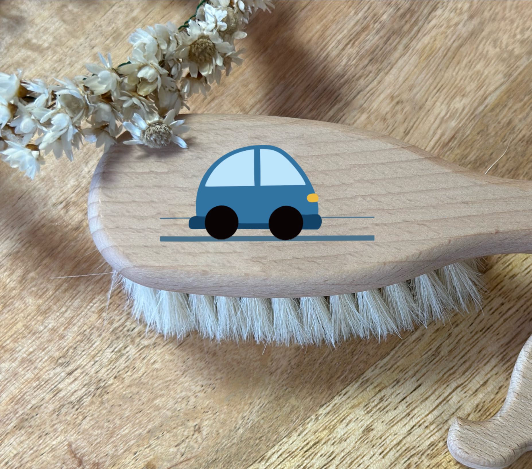 Haarbürste Babybürste Holz Auto blau und personalisiert mit Namen  (Motiv 9 blau)