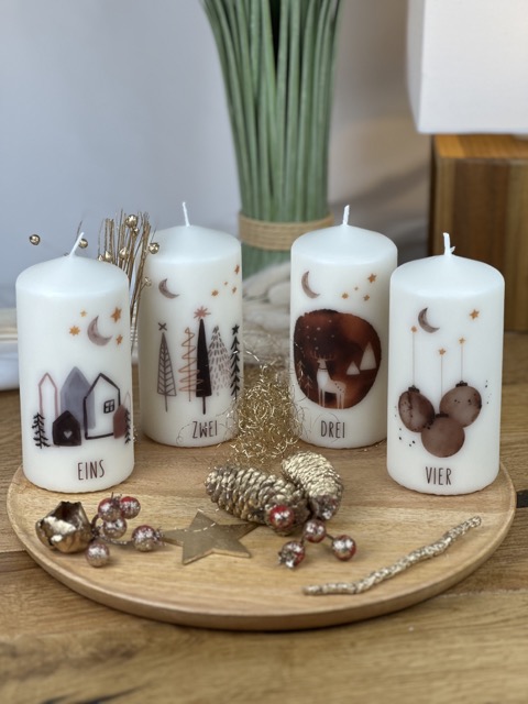 Weihnachtskerzen Adventskerzen 4er Set Aquarell Haus, Wald