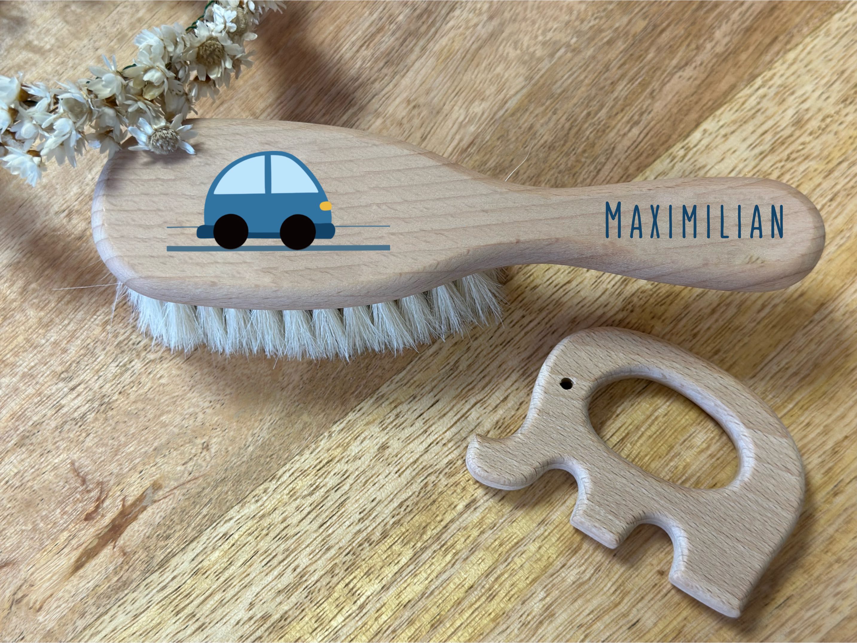 Haarbürste Babybürste Holz Auto blau und personalisiert mit Namen (Motiv 9 blau)