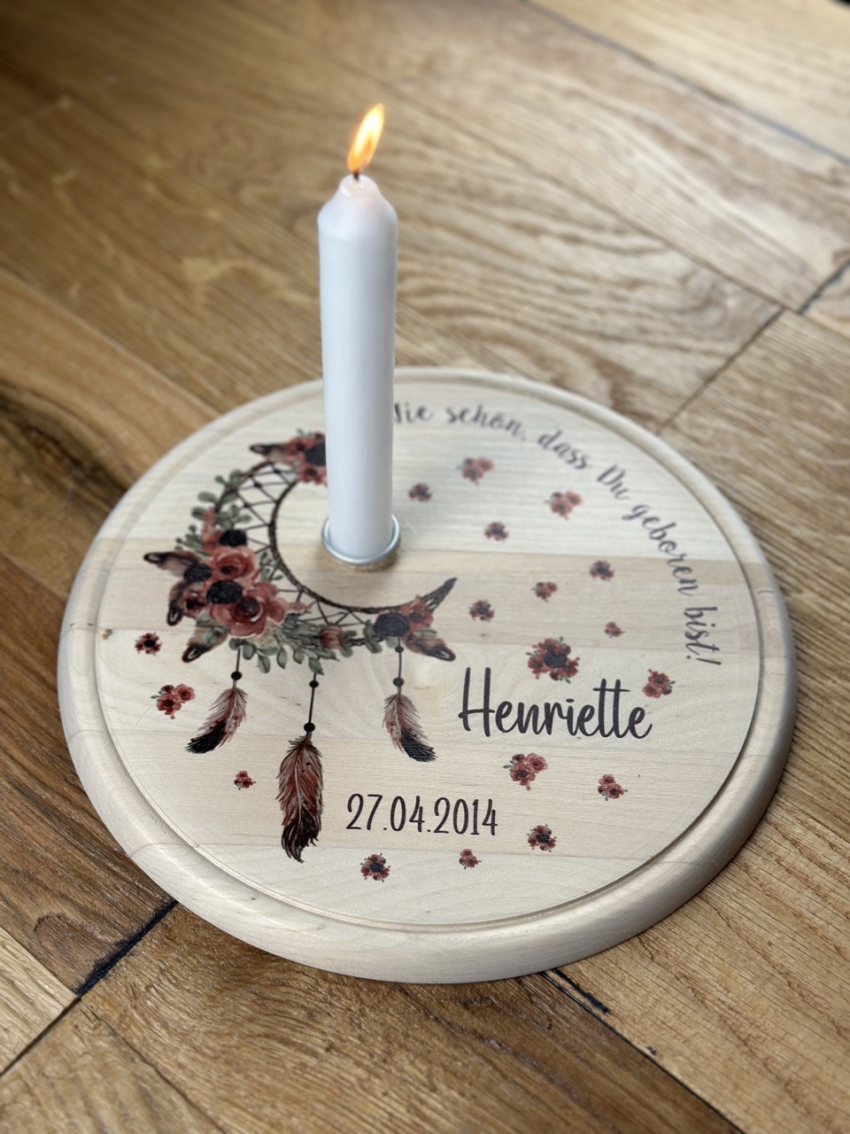 Geburtstagsteller Holz rund mit einem Traumfänger-Mond Geburtstagsteller Holz rund mit einem Traumfänger-Mond