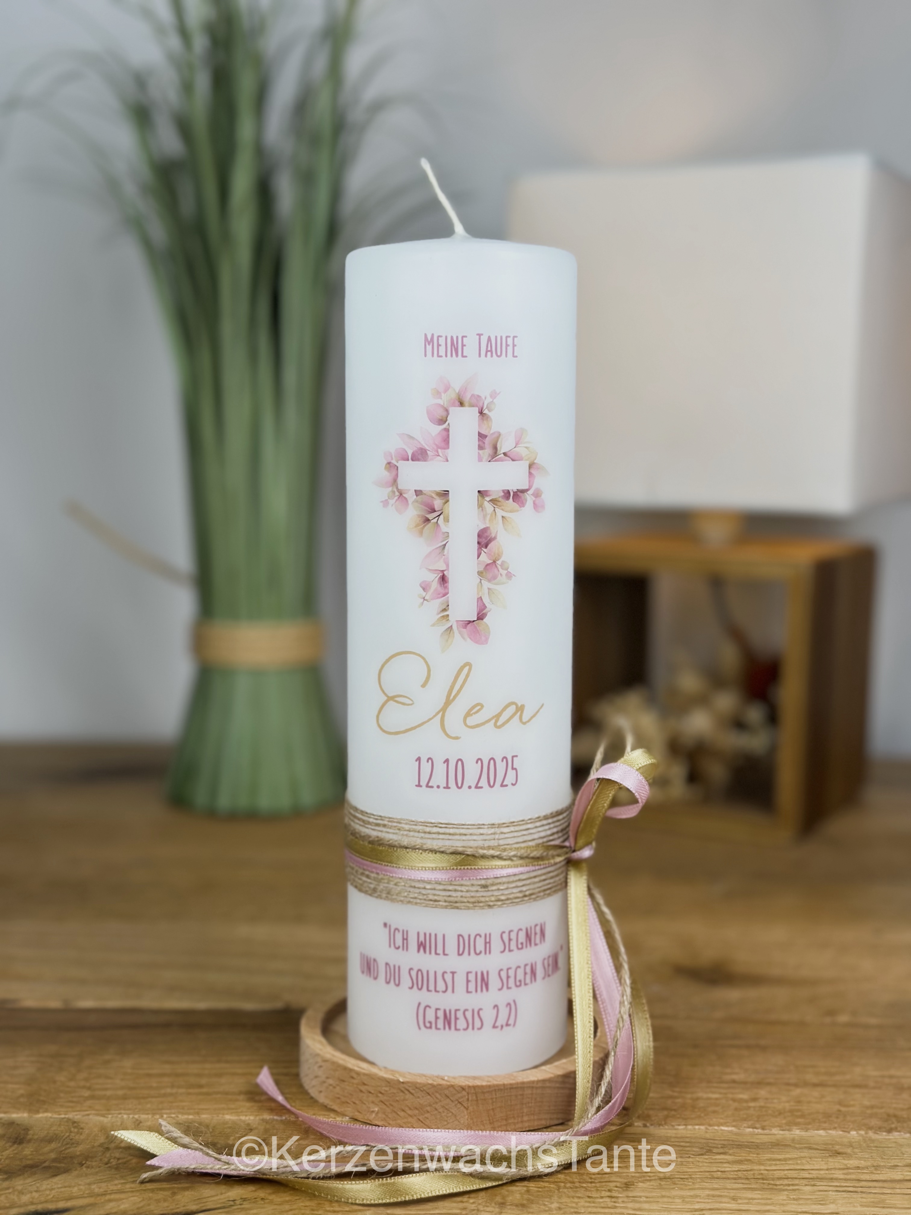 Taufkerze Kommunionkerze Kreuz rosa-gold mit Juteband + Schlaufe seitlich in rosa-gold (Motiv 615) 